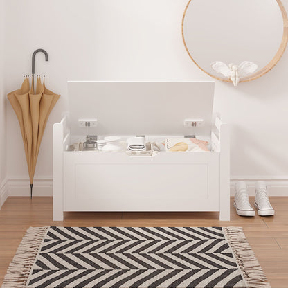 Finihen 35" Storage Bench with Cushion, Lift-Top Toy Storage Organizer Trunk with 2 Safety Hinges, Wood Storage Box Chest for Bedroom, Entryway, Living Room, White