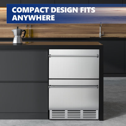 Simzlife 4.9Cu.ft. Double Drawer Undercounter Freestanding Stainless Steel Beverage Refrigerator,24.61 in W, 34.25 in H