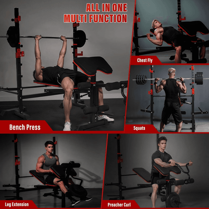 Olympic Weight Bench Set with Preacher Curl, Squat Rack, Leg Extension, Leg Curl, 1500lbs Weight Capacity