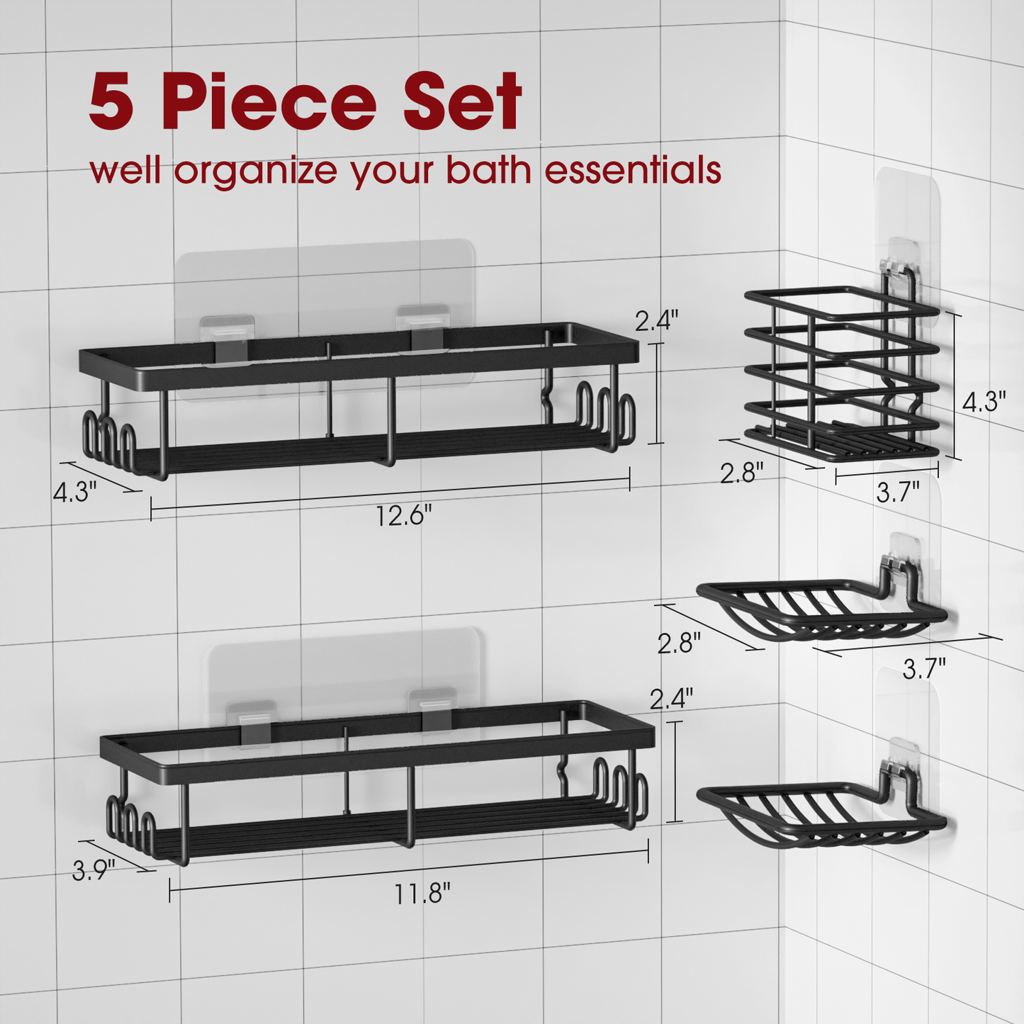 Sakugi Corner Shower Caddy - Adhesive Shower Organizers, Rustproof Stainless Steel Shower Shelves with 8 Hooks