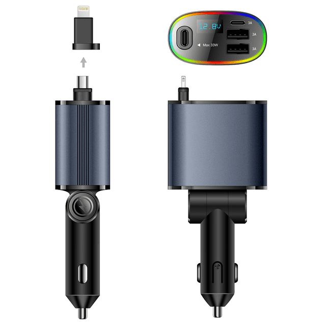 4 in 1 Retractable Car Charger,180° Adjustable，78W Fast Charger for Car with iPhone and Type C Cable and 3 Charging Ports Car Charge with Cables(2.6ft), for iPhone,iPad,Airpod,Galaxy