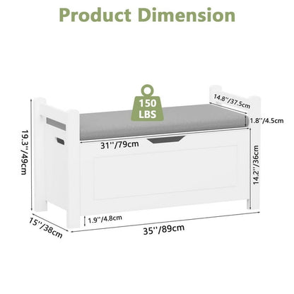 Finihen 35" Storage Bench with Cushion, Lift-Top Toy Storage Organizer Trunk with 2 Safety Hinges, Wood Storage Box Chest for Bedroom, Entryway, Living Room, White