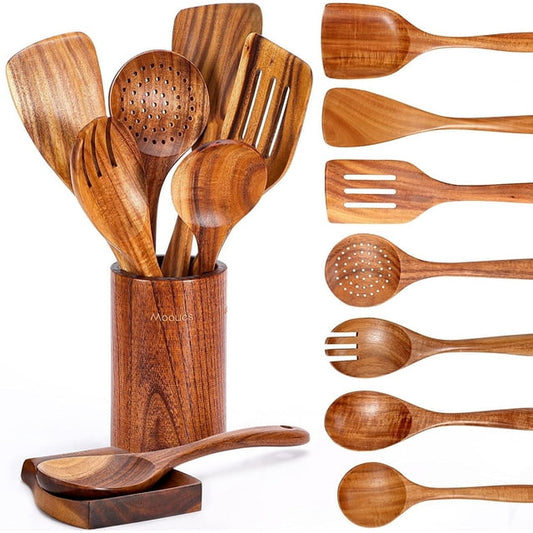 ACMETOP 9 Piece Natural Teak Wooden Kitchen Utensil Set with Spoon Rest - Comfort Grip Cooking Spoons and Utensils Holder Utensils Set with Spoon Rest, Comfort Grip Cooking Utensils Set for Kitchen