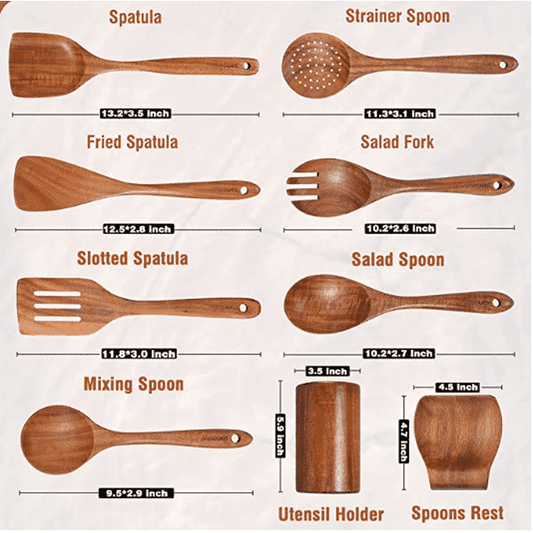 ACMETOP 9 Piece Natural Teak Wooden Kitchen Utensil Set with Spoon Rest - Comfort Grip Cooking Spoons and Utensils Holder Utensils Set with Spoon Rest
