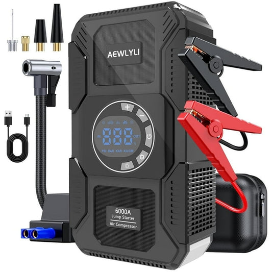 AEWLYLI Car Jump Starter, 6000A Battery Jump Starter with Air Compressor(for All Gas or Diesel Engine), 12V Auto Battery Booster w/ LCD Display, 150PSI Tire Inflator, Flashlight, USB Quick Charge