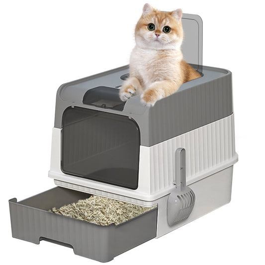 ATUPEN Enclosed Cat Litter Box with Lid, Extra Large Litter Scoop High Wall Sides Enclosure(Grey)