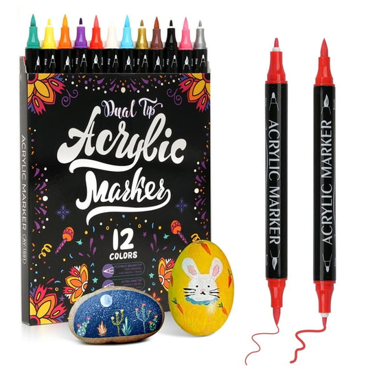 Acrylic Paint Markers,BUSATIA 12 Colors Dual Tip Acrylic Paint Pens Acrylic Markers,Waterproof, Non-Toxic, odorless, Suitable for Paper, Pottery, Stones, Backpacks, Glass
