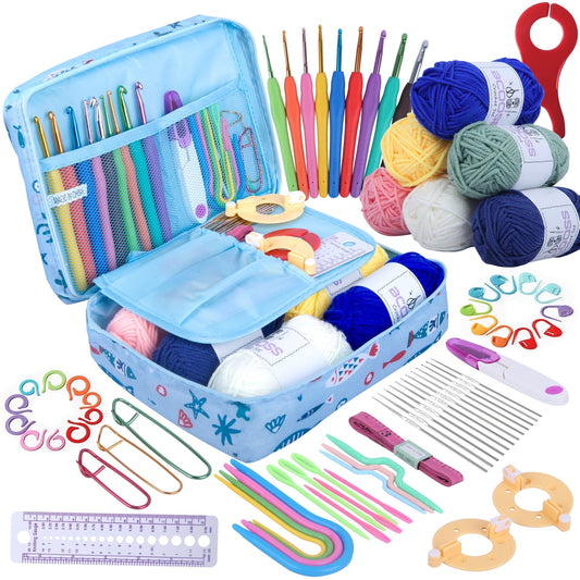 BCOOSS Crochet Kit for Beginners Adults Crochet Hook Set Includes Yarn Balls, Needles, Accessories Kit,Bag Blue