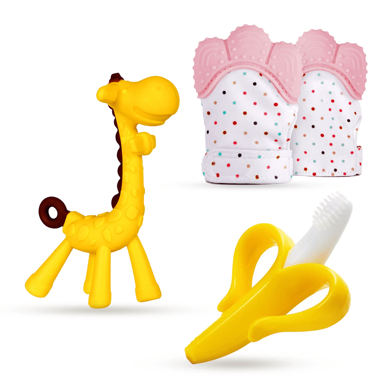 BabyGoods Teething Mitten Infant Glove with Banana Brush and Giraffe Teether, Pink, 3 Count