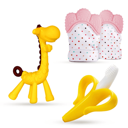 BabyGoods Teething Mitten Infant Glove with Banana Brush and Giraffe Teether, Pink, 3 Count