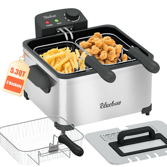 Bluebow Electric 5.3QT Deep Fryer, 1700W Immersion Fryer with 3-Baskets, Adjustable Temperature, Lid with Viewing Window, Stainless Steel