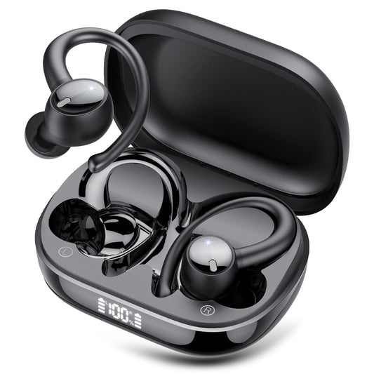 Bluetooth Headphones 5.4, 60Hrs Playtime Wireless Earbuds, Bass Boost 85%, Over-Ear Headphones Built-in 4 ENC Mics, IPX7 Waterproof Ear Buds with Earhook for Exercise Running Sports Black