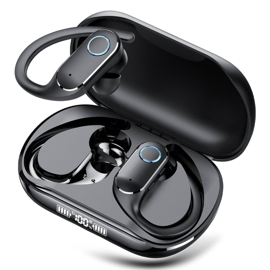 Bluetooth Headphones 5.3, Over-Ear Headphones Built-in 4 ENC Mics, 25Hrs Playtime Wireless Earbuds, Bass Boost 85%, IPX7 Waterproof Ear Buds with Earhook for Exercise Running Sports Black