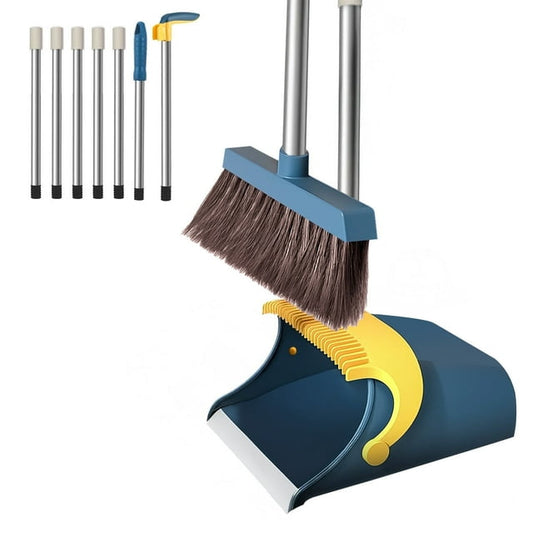 Broom and Dustpan Set, 51.2" Self-Cleaning with Dustpan Teeth for Pet Hair, Home, Kitchen, Blue