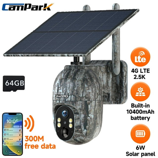 CAMPARK 4G LTE Cellular Trail Camera with SIM&SD Card, Live 2.5K Pan 355° Tilt 90° Remote APP Control, Solar Game Camera with Night Vision Motion Activated Waterproof for Hunting Wildlife Monitoring