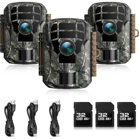 CAMPARK Trail Camera 3 Pack with 32G SD Card 36MP 2K Hunting Camera with Night Vision Motion Activated IP66 Waterproof, 120° Wide-Angle Trail Cam for Wildlife Scouting