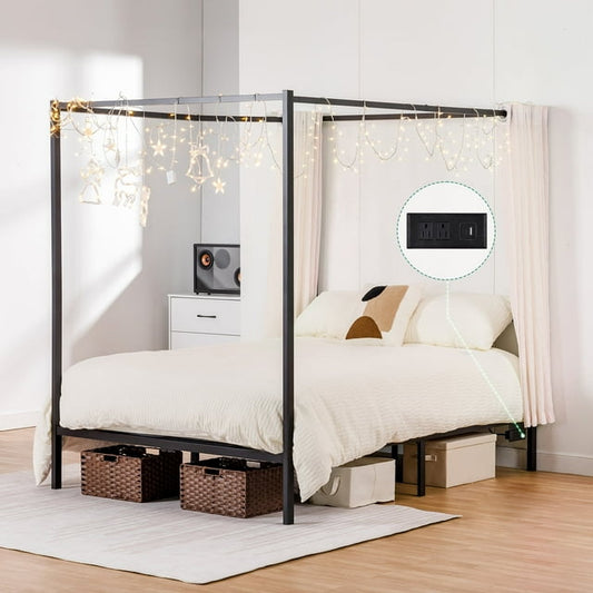 COMHOMA Full Size Metal Canopy Bed Frame 14 inch Platform with Built-in Headboard,No Box Spring Needed, White