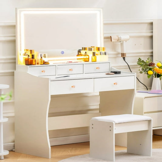 COMHOMA Makeup Vanity Desk with Mirror and Lights, Vanity Table and Chair Set with 5 Drawers and Charging Station, White