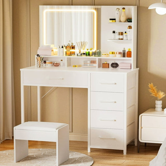COMHOMA Vanity Desk with Large Mirror and Lights, Makeup Table with 5 Drawers & Storage Shelves for Bedroom, White