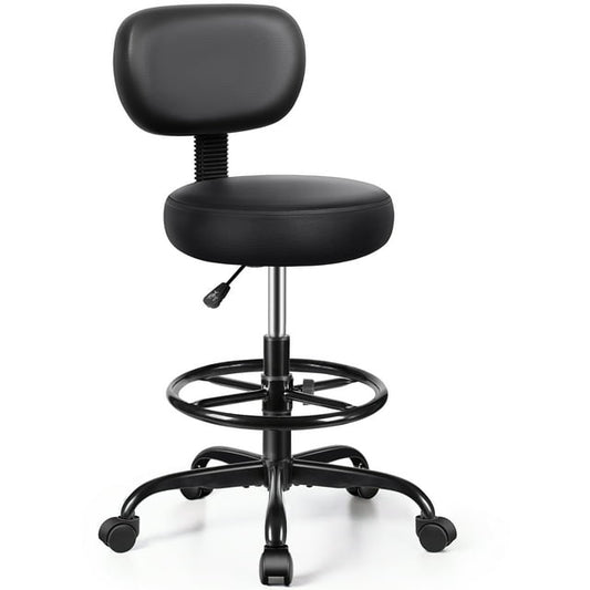 COOLHUT Drafting Chair with Backrest, Adjustable Foot Rest Rolling Stool with Wheels, PU Leather Swivel Stool for Office Spa Studio Lab Counte, Black