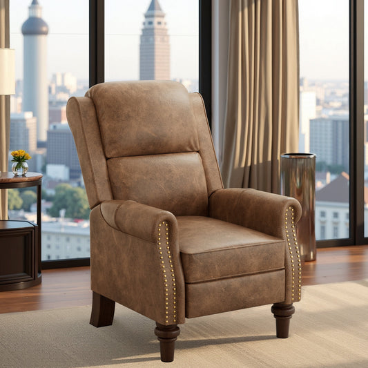 COOLHUT Pushback Recliner Chair Faux Leather Armchair, Mid Century Accent Chair with Rivet Decoration, Wingback Classic Living Room Single Sofa for Small Spaces, Brown