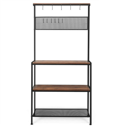 Canddidliike 4-Tier Kitchen Rack Stand with Hooks and Mesh Panel, Bakers Rack Kitchen Storage Shelf, Kitchen Stand, Brown