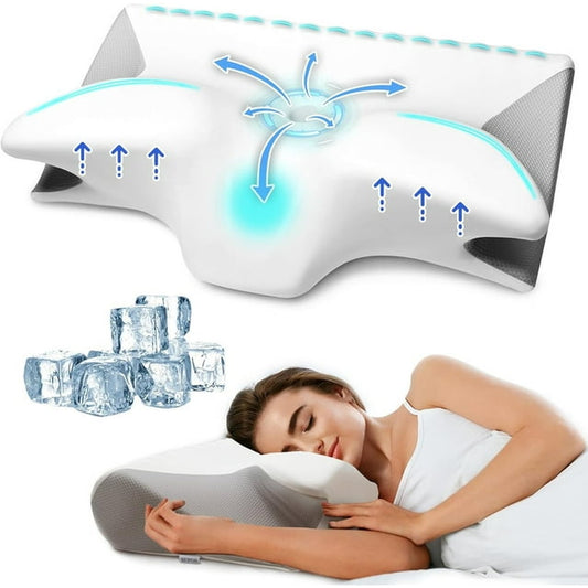 Cervical Neck Pillow for Neck and Shoulder Pain Relief, Memory Foam Pillow for Sleeping with Cooling Pillowcase, Orthopedic Contour Support Pillow for Side Back Stomach Sleepers, White+Grey