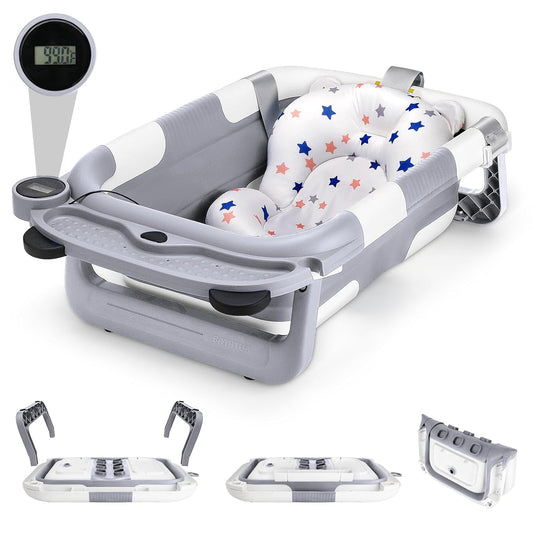 Collapsible Baby Bathtubs for Newborns to Toddler, Infants Anti Slip Foldable Bath Tub with Thermometer & Cushion