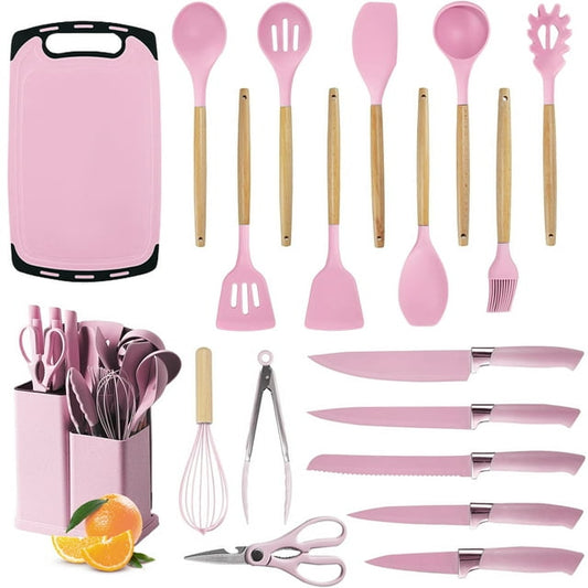 ACMETOP 19 Pieces Kitchen Utensils Set-11 Silicone Cooking Utensils Set, 6 Stainless Steel Sharp Kitchen Knife set, 2 Utensil Sets-Cutting Board and Utensil Holder (Pink)
