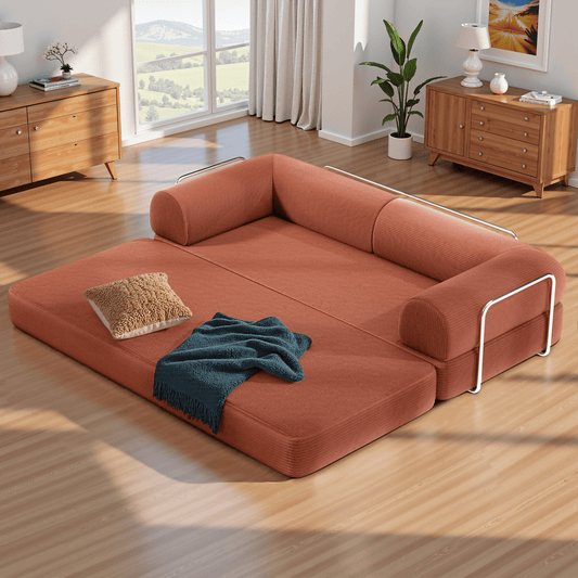COOLHUT 63" W Combination Sofa, High Rebound Density Sponge Sofa Couch, Two Forms Floor Couch Three Seats Sofa Bed for Living Room, Bedroom, Pumpkin Brown