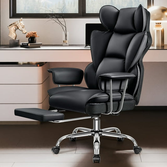 CoolHut Large Executive Leather Office Chair with Footrest, Ergonomic Reclining Design, High Back and Lumbar Support, Ideal for Big and Tall Users, Perfect for Home Office or Computer Desk Use, Black