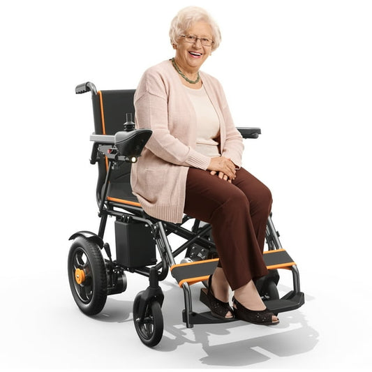 CoolHut Lightweight Foldable Electric Wheelchair, 5 years warranty, 500W Dual Motors Powerful, 15 miles Range All Terrain Portable Motorized Wheelchair for Seniors, Orange
