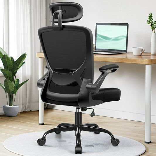 COOLHUT Office Chair, High Back Ergonomic Desk Chair, Mesh Desk Chair with Adjustable Lumbar Support and Flip-up Armrests, 300lb (Black with headrest)