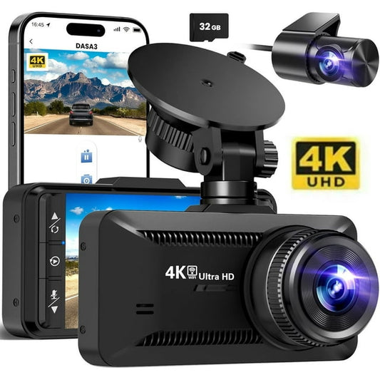 Dash Cam Front Rear 4K/1080P, Dash Camera for Cars Build in WiFi, Full HD Dash Cam with APP Control, 3.94‘’ IPS Screen Dash Camera with 32GB SD Card, G-Sensor, WDR, 24Hr Parking Mote, Loop Recording