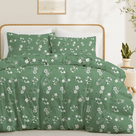 Duvet Cover Set Queen Size, 3 Piece Comforter Cover with Pattern, Soft Bedding Set with 1 Duvet Cover and 2 Pillow Shams, Green White Flowers