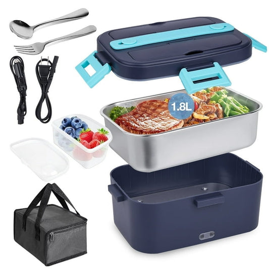 Electric Lunch Box Food Heater, 80W Heated Lunchbox for Adults, Portable Food Warmer with 1.8L Stainless Steel Container/Fork/Spoon for Car Office School, 2 Compartments with Carry Bag 12V-24V 110V