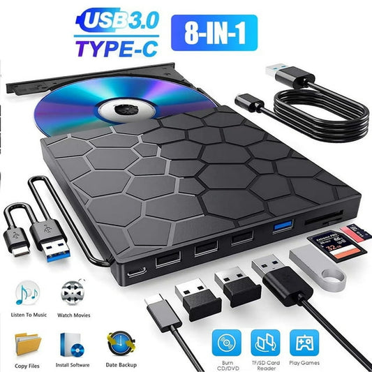External CD/DVD Drive for Laptop,DVD Player for Laptop,8 in 1 USB 3.0 Ultra-Slim Portable,CD ROM+/-RW Burner External Disk Drive Optical Compatible with Laptop Desktop Mac,OS Windows 11/10/8/7 Linux