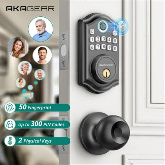 Fingerprint Door Lock with Handle Set, Keyless Entry Deadbolt, Smart Digital Keypad Lock for Front Door, Auto-Lock & One Touch Locking, Black