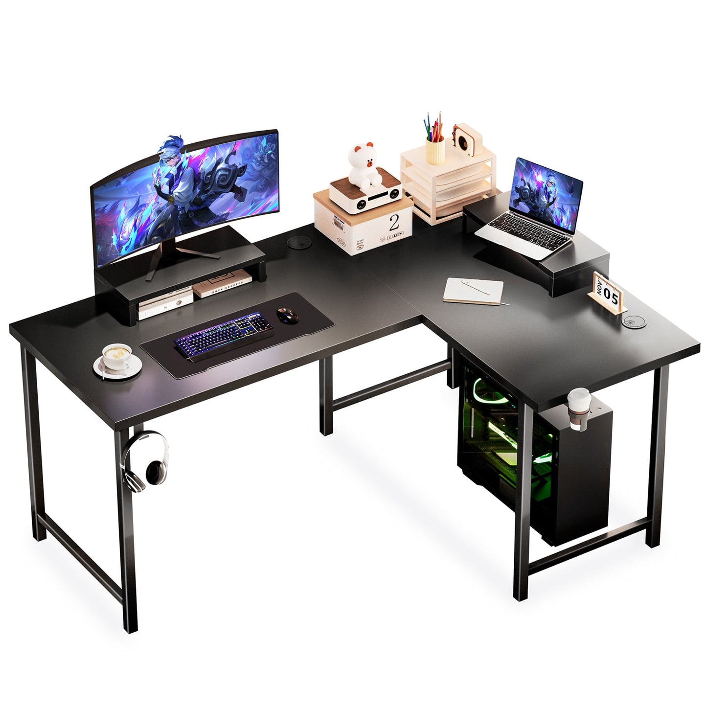 GTPLAYER Gaming Desk, L-Shaped Computer Office Desk, Movable Monitor stand