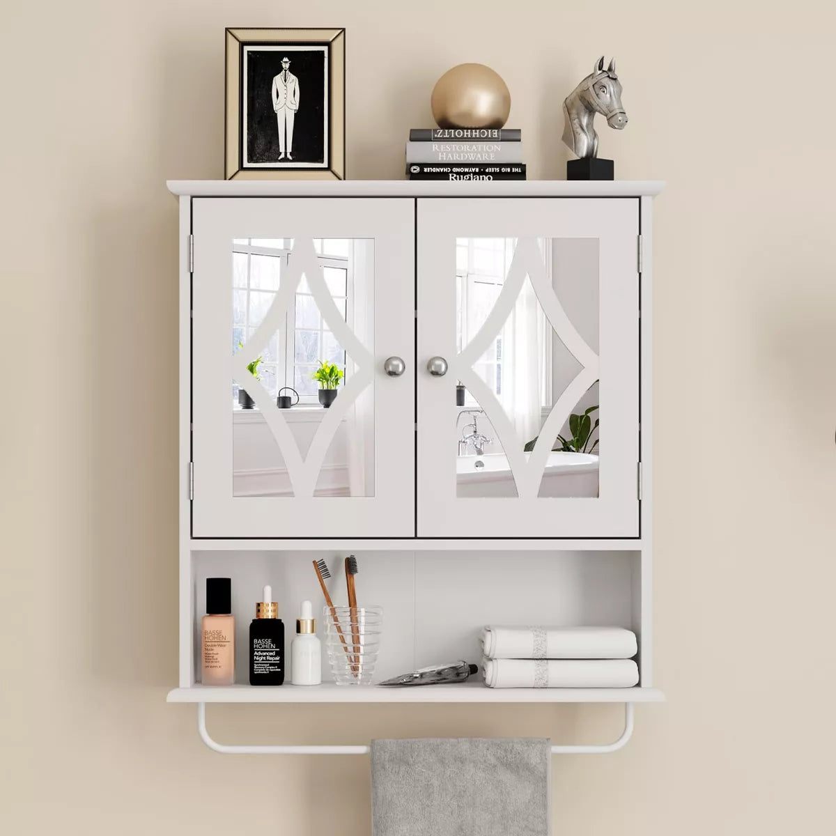 Heynemo Medicine Cabinet with Mirror, Vanity Wall Mounted Storage Cabinet with Adjustable Shelves and Towel Bar, for Bathroom, Laundry