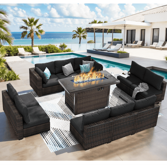 Grezone 11 PCS Outdoor Patio Furniture Set with Fire Pit Table, Wicker Patio Conversation Set, Black