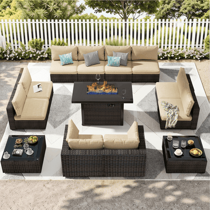 Grezone Outdoor Garden 13 Piece Patio Furniture with 43" 55000BTU Gas Propane Fire Pit Table Rattan Wicker Sectional Set, White
