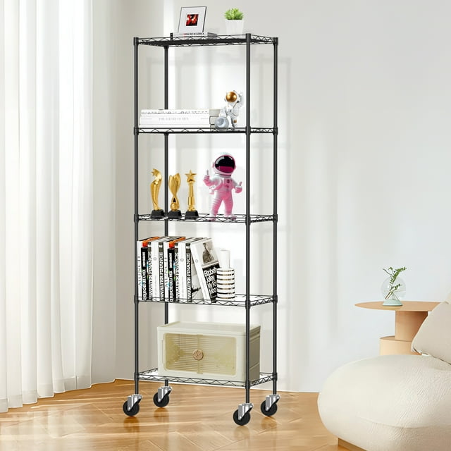 HIJOB 5 Tier NSF Steel Shelve with Wheels, 59"H Adjustable Heavy Duty Wire Storage Shelving Unit for Kitchen, Bathroom, Garage, Black