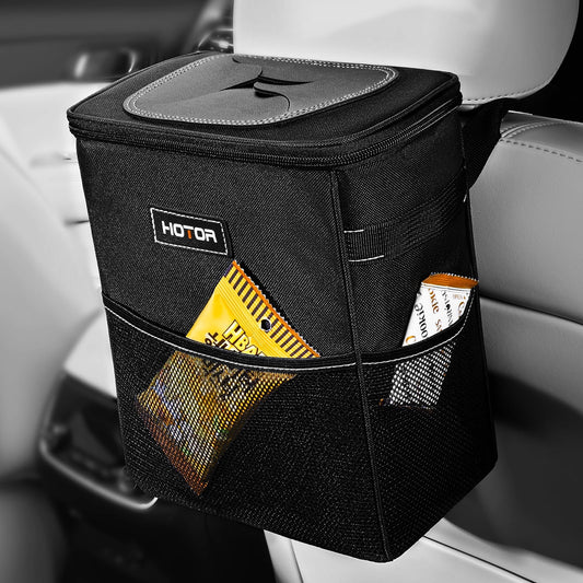 HOTOR Car Trash Can with Lid, Leak-Proof Car Garbage Can with Mesh Pockets, Car Accessories
