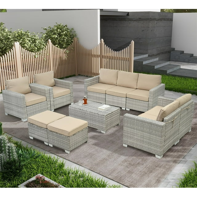 HighSound Patio Furniture Set, 10-Piece Outdoor Conversation Set with Storage Table, All-Weather Rattan Wicker Patio Sectional Sofa Set for Backyard (Light Gray with Beige Cushions)