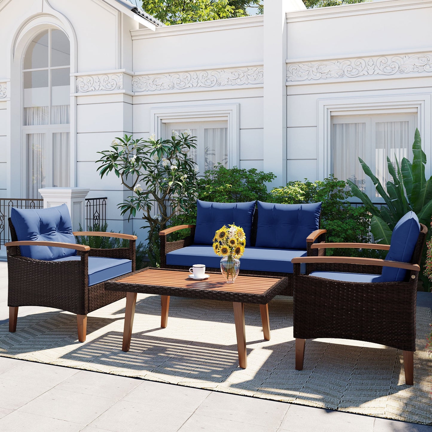 HighSound Patio Furniture Set, 4 Piece Outdoor Patio Conversation Set, All-Weather PE Rattan Wicker Sectional Patio Sofa Set with Wooden Coffee Table, Blue Cushions