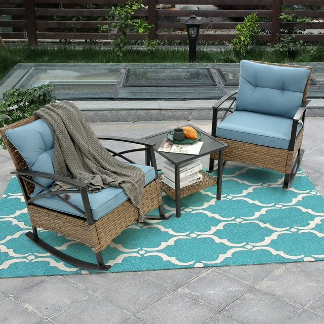 Highsound Outdoor Rocking Chairs Set of 2 with Side Table, 3 Piece Wicker Patio Bistro Set with Premium Fabric Cushions Outdoor Furniture (Brown Wicker Chair & Blue Cushion)