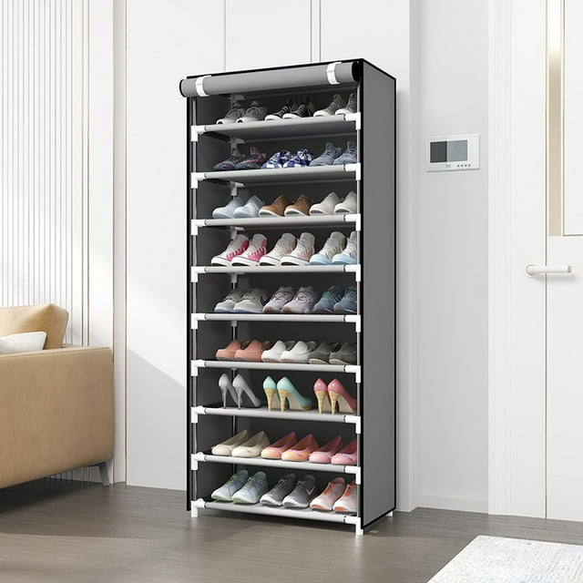 HioHa Shoe Rack with Covers, 10-Tier Shoe Organizer Storage for 27 Pairs Shoes, Freestanding Shoe Shelf with Thickened Non-Woven Fabric for Closet Entryway Garage, 69*24*12 inch, Gray