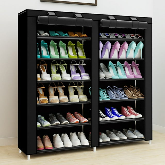 HioHa Shoe Rack with Covers, 7-Tier Double Row Shoe Organizer Storage for 36 Pairs Shoes, Freestanding Shoe Shelf with Thickened Non-Woven Fabric for Closet Entryway Garage, 46*12*43 inch, Black