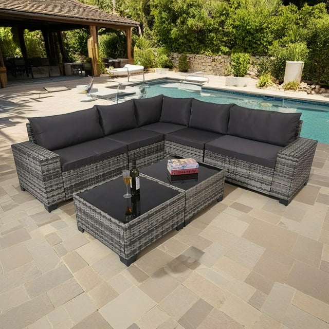 Hommoo 7-Piece Outdoor Patio Furniture Sets, All-Weather Wicker Rattan Conversation Sectional Sofa with 2 Glass Coffee Table and Washable Seat Cushion, Gray